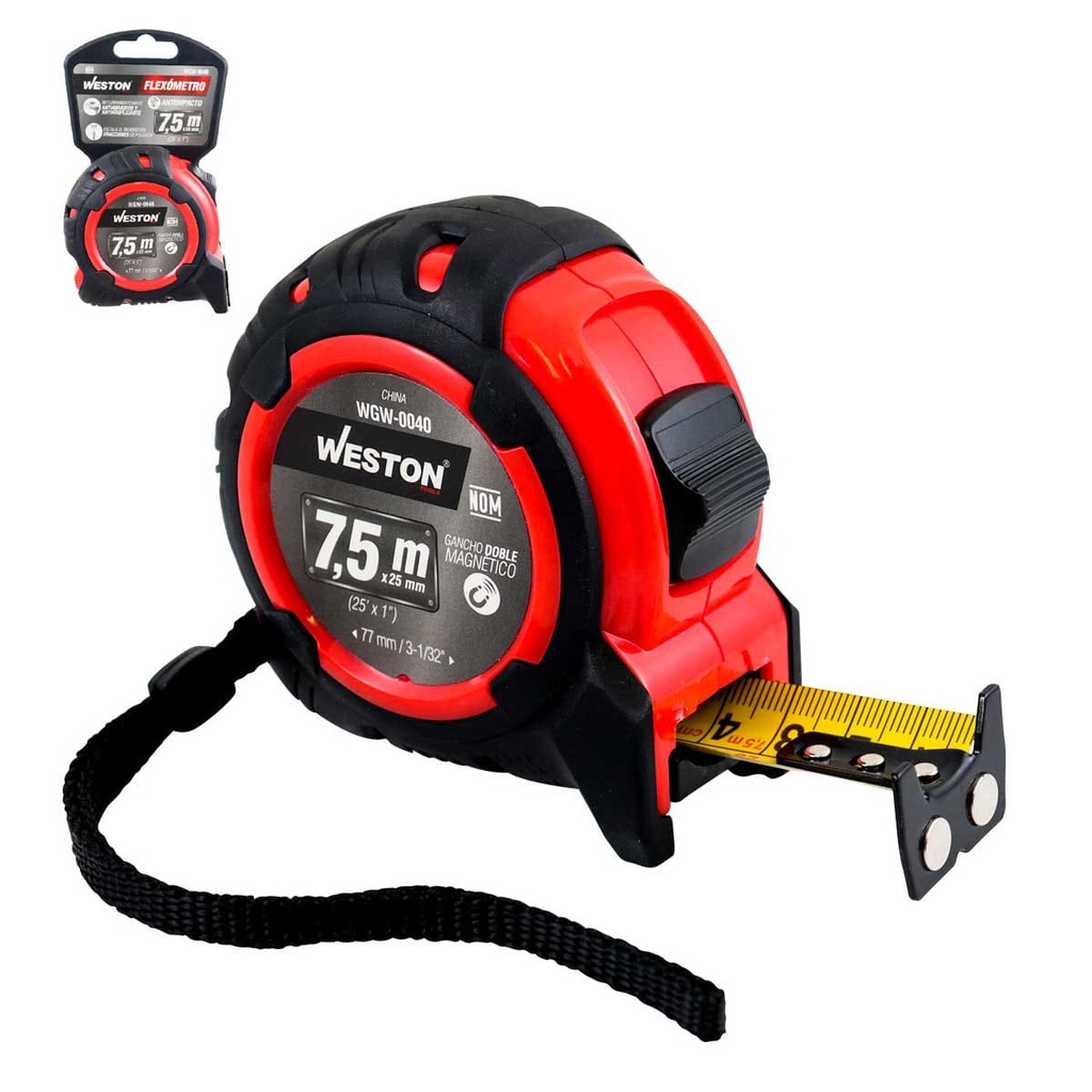 FLEXOMETRO 7.5M X 25MM ROJO ANTI IMPACTO