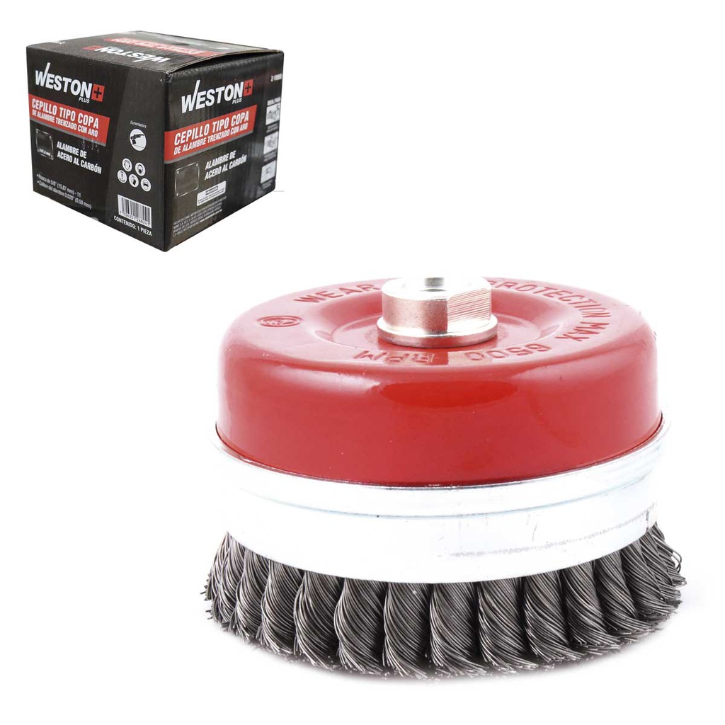CEPILLO TIPO COPA TRENZADA C/ARO 4" ENT 5/8-11 A. AL CARBON  .020"