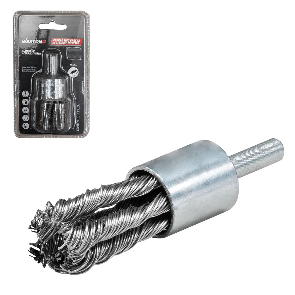 CEPILLO TIPO BROCHA TRENZADO 1&quot; C/VASTAGO 1/4&quot; A. AL CARBON .020''