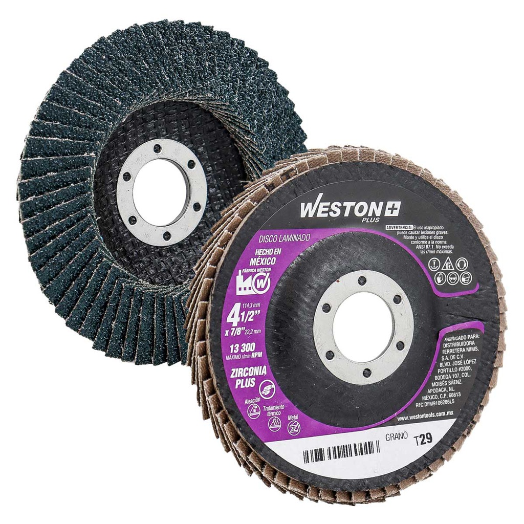 DISCO LAMINADO ZIRCONIO 4-1/2" G80 WP (Precio x pieza - Empaque c/10 pzas)