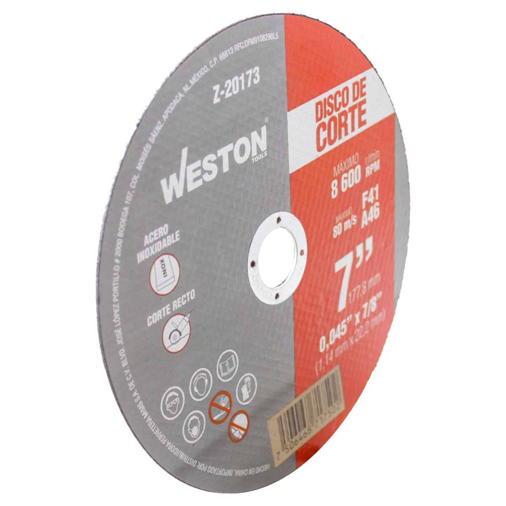 DISCO D/CORTE P/INOX. 7" x 0.045"(1.14) x 7/8" F41 (Emp. c/10 Pzas - Precio x Pza)