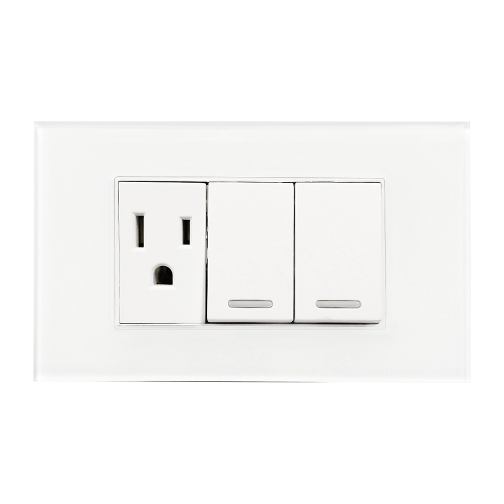 APAGADOR DOBLE Y CONTACTO  DE 24MM CON PLACA DE ACRILICO BLANCA 