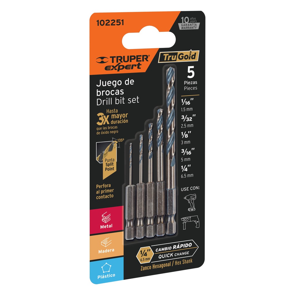 Juego de 5 brocas HSS para metal zanco cambio rapido, Expert