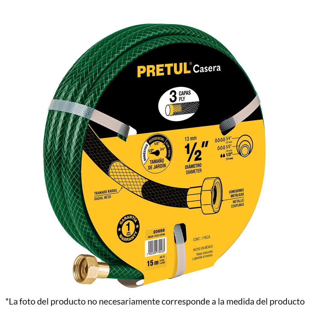 Manguera 1/2' reforzada 3 capas conexiones metal 10m, Pretul