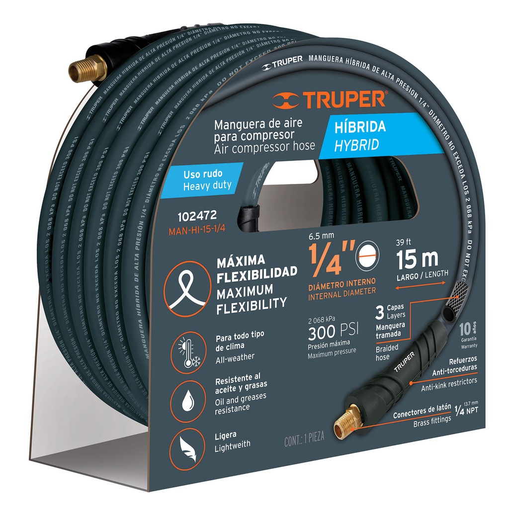 Manguera hibrida para compresor, 15 m x 1/4', Truper
