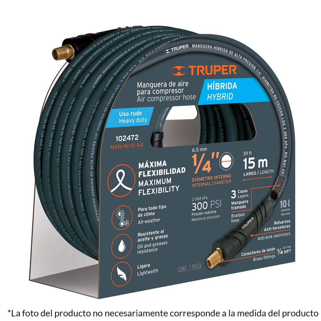 Manguera hibrida para compresor, 15 m x 3/8', Truper