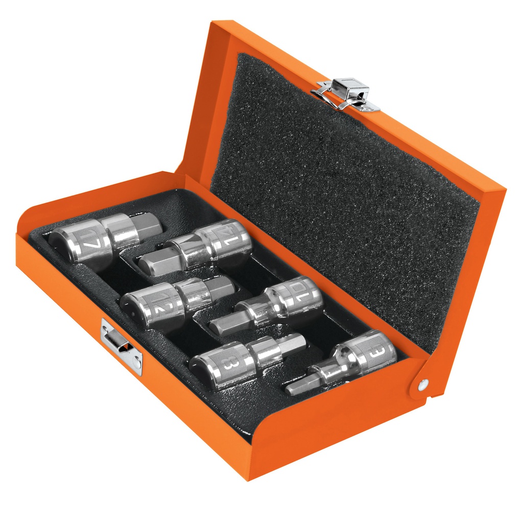 Juego de 6 dados cuadro 1/2' punta hex mm, estuche metalico