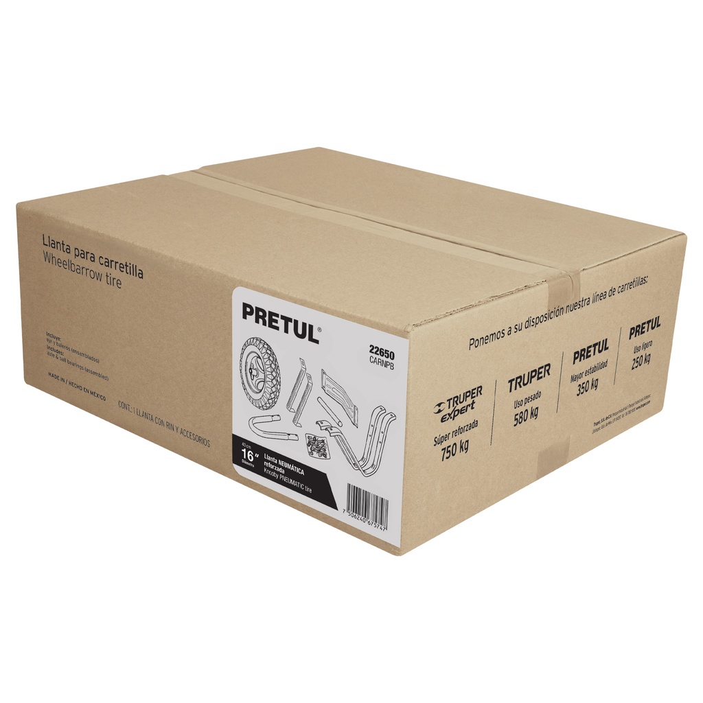 Caja c/llanta neumatica y acc. y p/carretilla roja Pretul