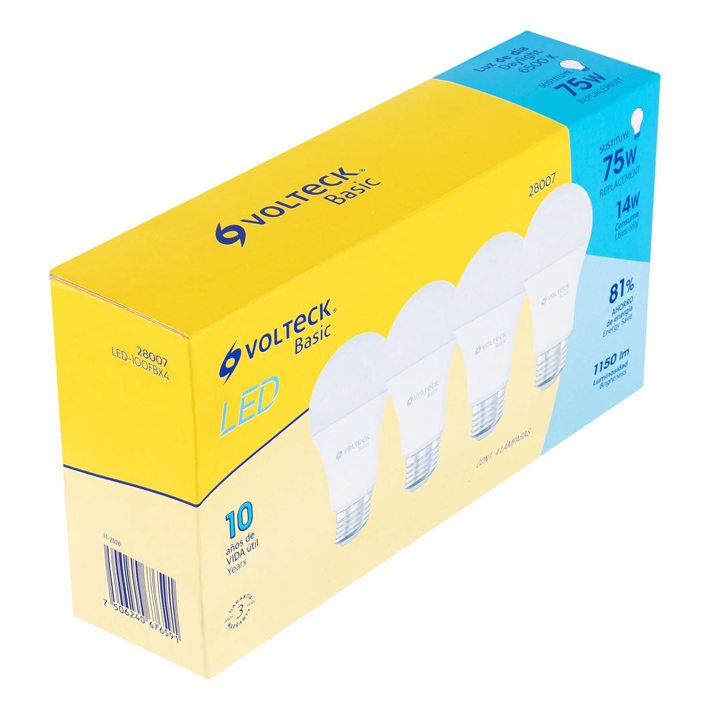 Pack de 4 lamparas LED A19 14 W (equiv. 75 W), luz de dia