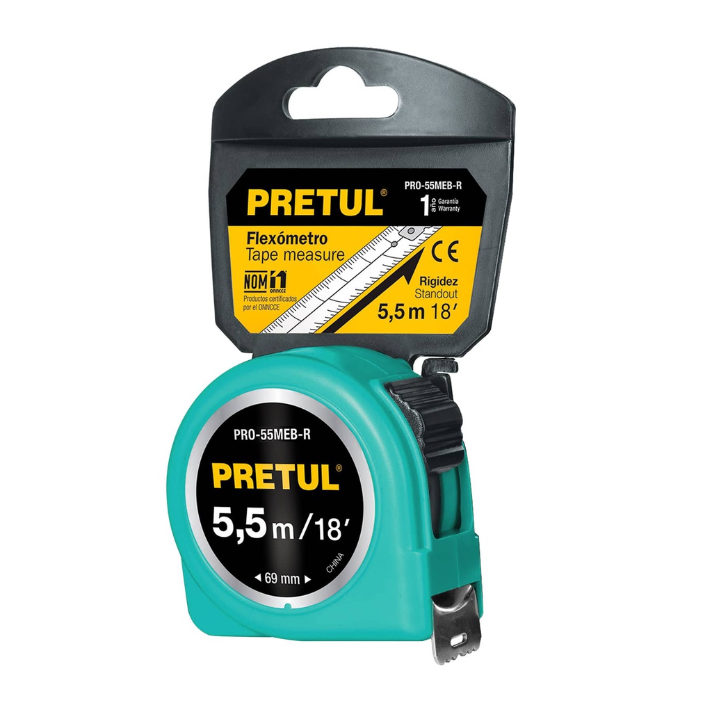 Flexometro verde 5.5 m cinta 25 mm, en tarjeta, Pretul