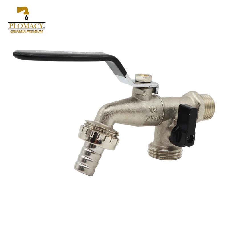 Llave Jardin con Palanca 1/2" con Doble Salida 100% Laton Niquelado Plomacy (J213)