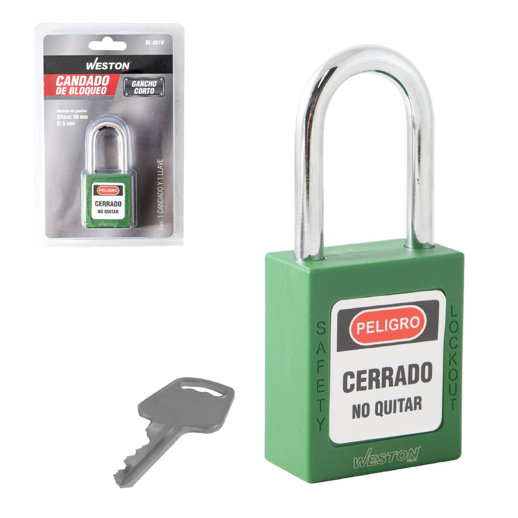 CANDADO DE BLOQUEO VERDE 38MM (CAJA C/10 PZAS - PRECIO X PIEZA)