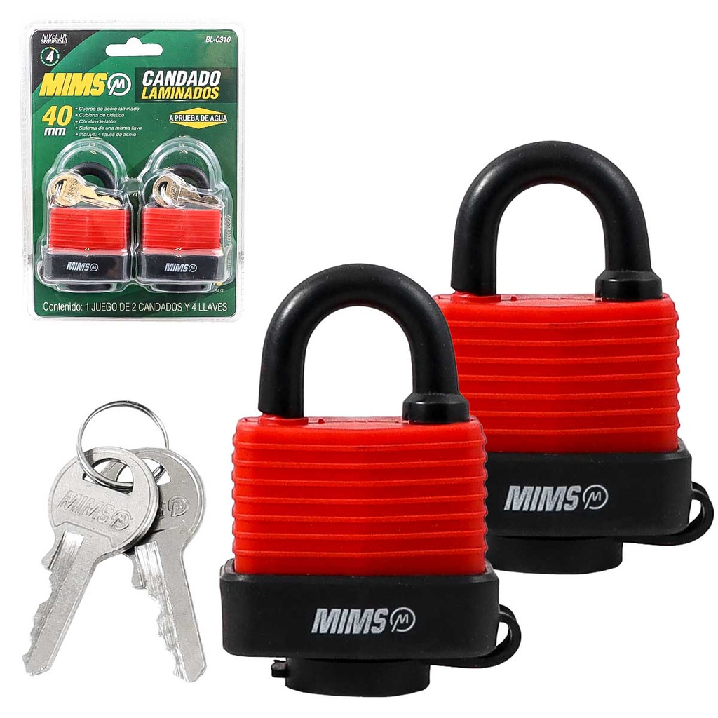 JGO 2PZS CANDADO ACERO PRUEBA AGUA CUERPO LAMIN. 40MM 4 LLAVES (CAJA C/6 PZAS - PRECIO X PIEZA)