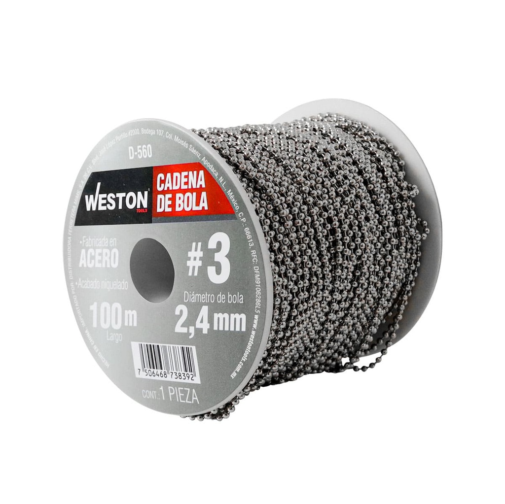 CADENA DE BOLA ACERO NIQUELADA #3 2.4MM ROLLO 100M