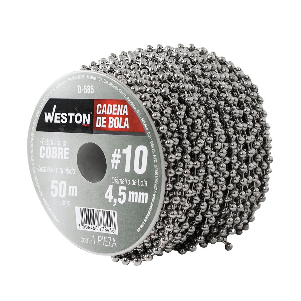 CADENA DE BOLA COBRE NIQUELADA #10 4.5MM ROLLO 50M