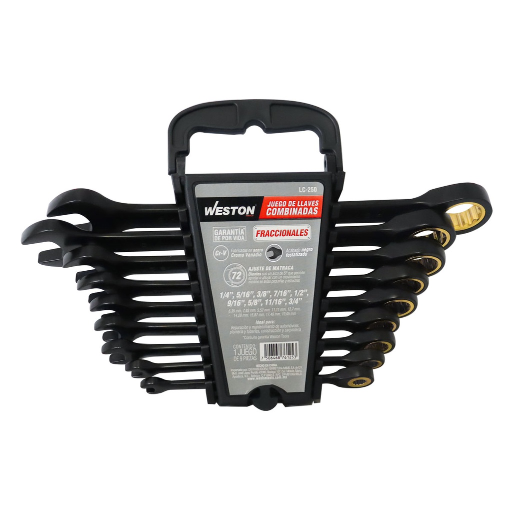 JUEGO DE LLAVES COMBINADAS CON MATRACA CrV FOSFATIZADA FRACCIONALES 9 PZS 1/4&quot; - 3/4&quot;