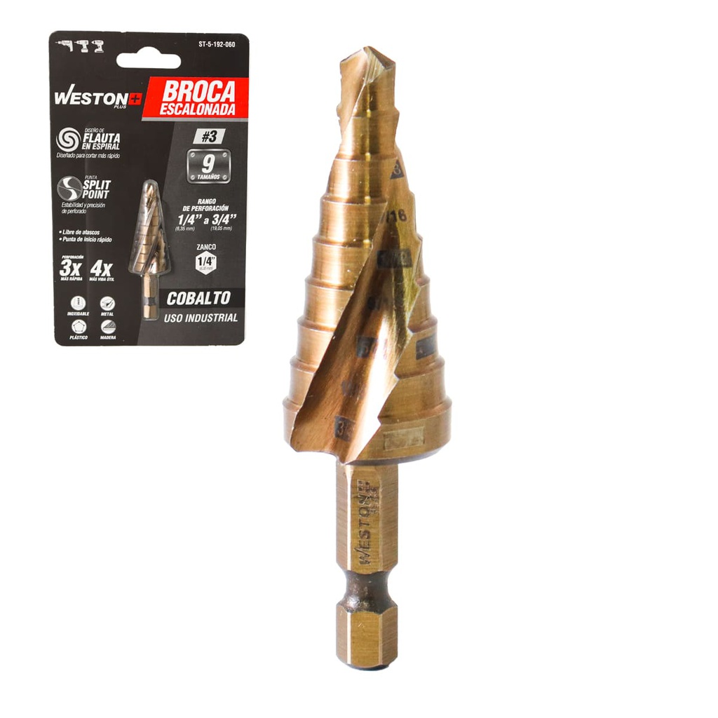 BROCA ESCALONADA ESPIRAL COBALTO #3 1/4'' - 3/4'' WESTON PLUS