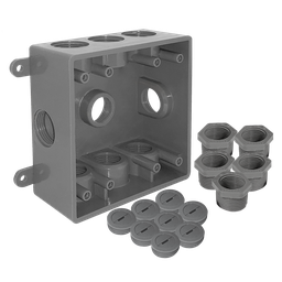 [CAPC719G] CAJA CUADRADA NO METALICA  CON 9 ORIFICIOS ROSCADOS DE 1/2” O 3/4” GRIS 