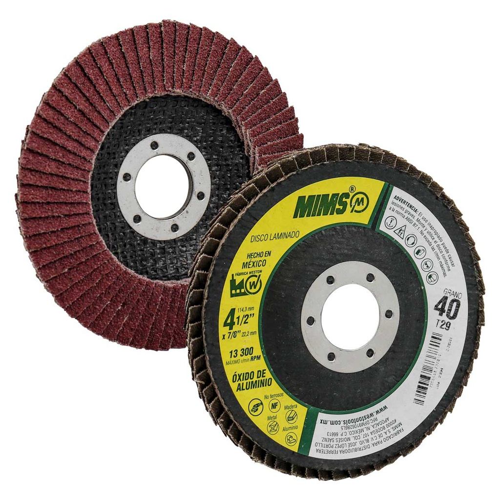 DISCO LAMINADO MIMS OXIDO DE ALUMINIO 4-1/2" X 7/8" G60 T29 (Precio x pieza - Empaque c/10 pzas)