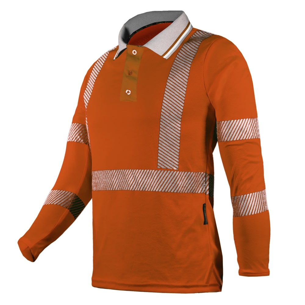 CAMISA MANGA LARGA ECOFRIENDLY TIPO POLO ANARANJADA C/REFLEJANTE T-MD.