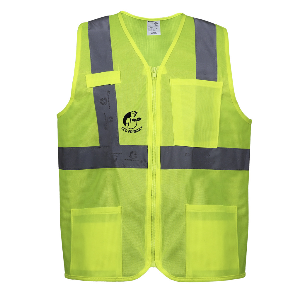 CHALECO ANSI TIPO R CLASE 2, ECOFRIENDLY AMARILLO HI-VIS, C/REF GRIS DE 2" Y ZIPPER FRONTAL. T-MD.