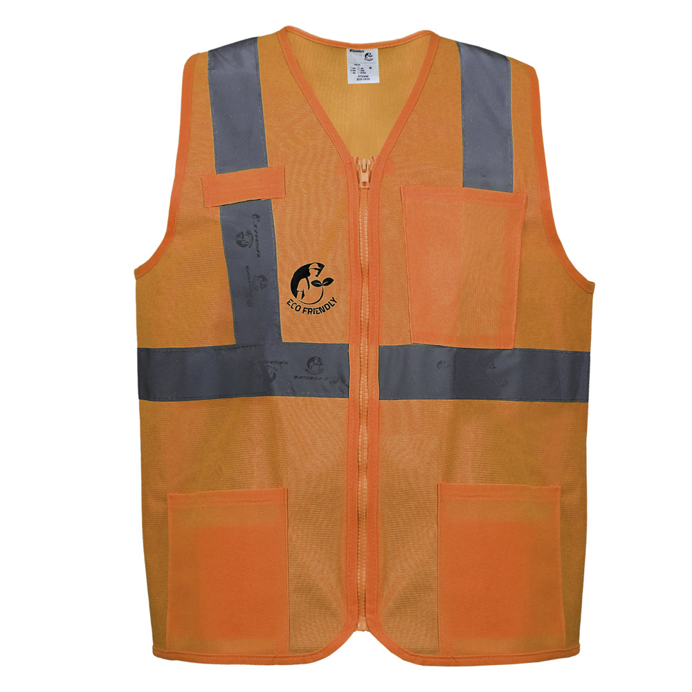 CHALECO ANSI TIPO R CLASE 2, ECOFRIENDLY ANARANJADO HI-VIS, C/REF GRIS DE 2" Y ZIPPER FRONTAL. T-2XG.