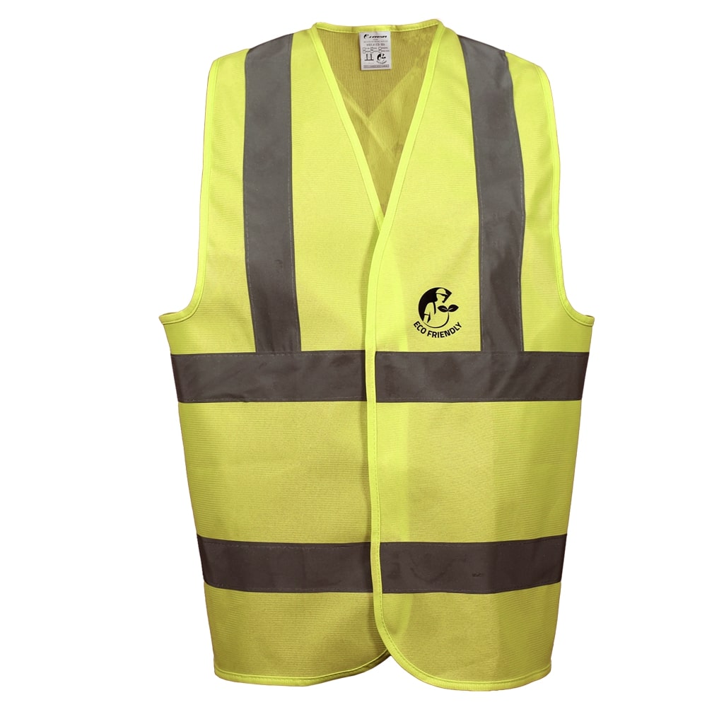 CHALECO ANSI TIPO R CLASE 2, ECOFRIENDLY AMARILLO HI-VIS, C/REF GRIS DE 2" Y CIERRE DE GANCHO Y FELPA. T-MD.