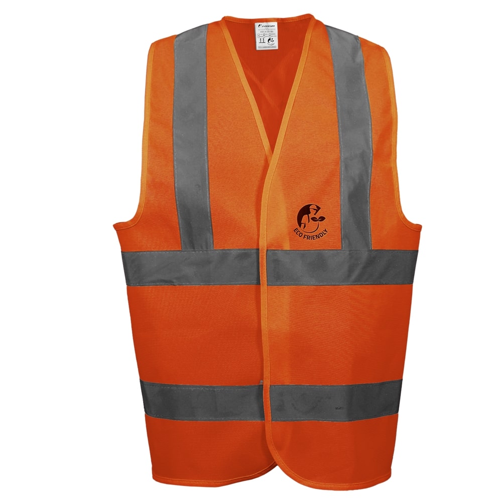 CHALECO ANSI TIPO R CLASE 2, ECOFRIENDLY ANARANJADO HI-VIS, C/REF GRIS DE 2" Y CIERRE DE GANCHO Y FELPA. T-CH.