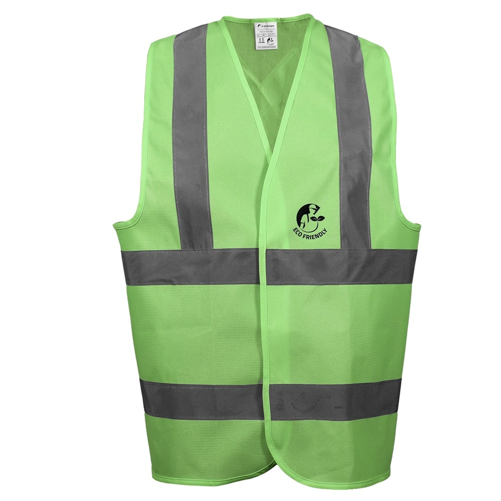 CHALECO ANSI TIPO R CLASE 2, ECOFRIENDLY VERDE HI-VIS, C/REF GRIS DE 2" Y CIERRE DE GANCHO Y FELPA. T-XG.