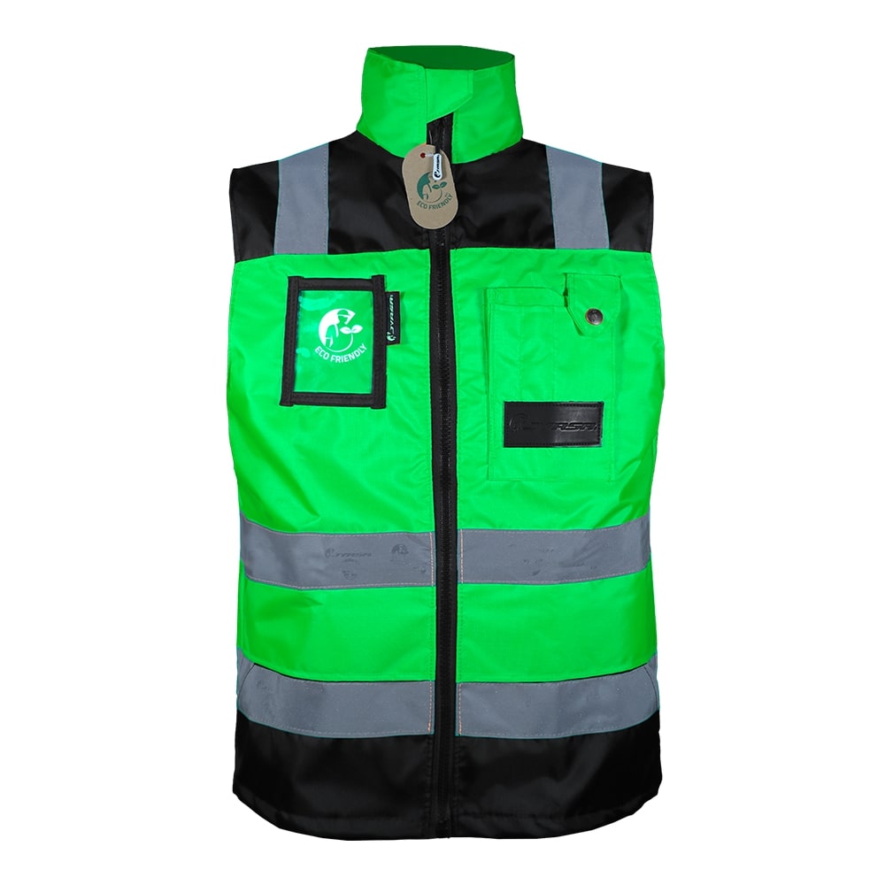 CHALECO ECOFRIENDLY EJECUTIVO DE TRABAJO, ANSI TIPO O CLASE 1, HIGH VISIBILIY VERDE/NEGRO T-MD.
