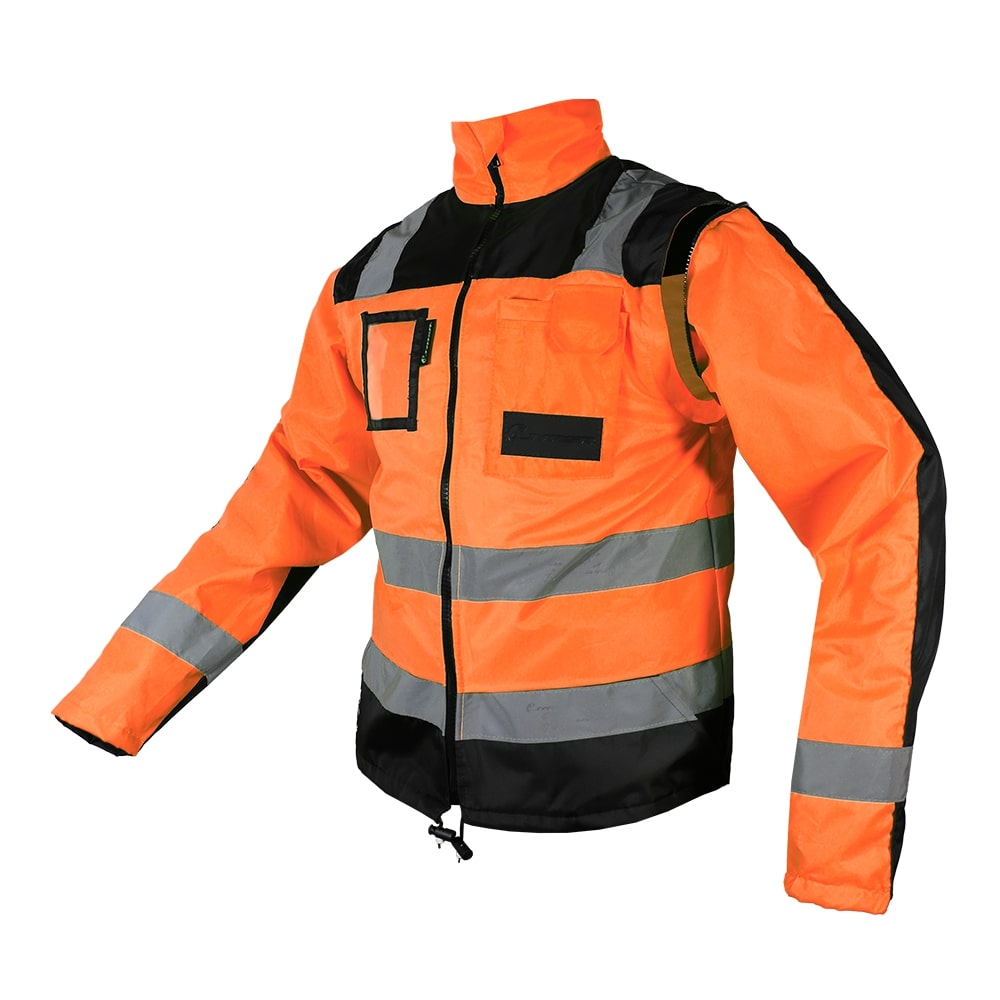 CHAQUETA EJECUTIVA ECOFRIENDLY CON MANGAS DESPRENDIBLES HIGH VISIBILIY ANARANJADO/NEGRO T GD