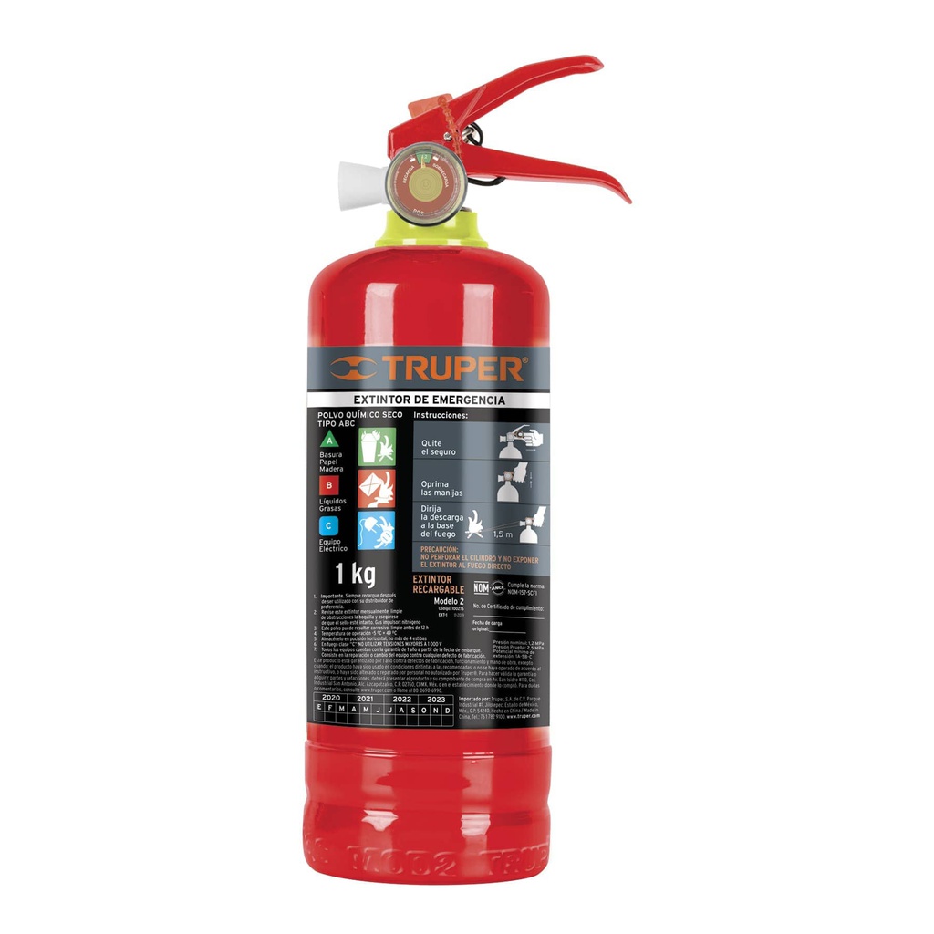 Extintor portatil recargable 1 kg, polvo tipo ABC, Truper