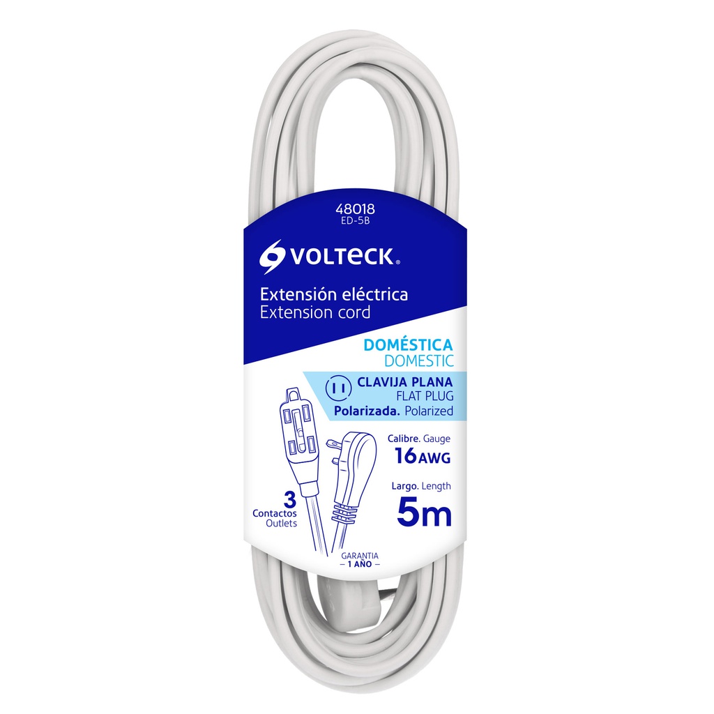 Extension electrica domestica 5 m blanca con clavija plana