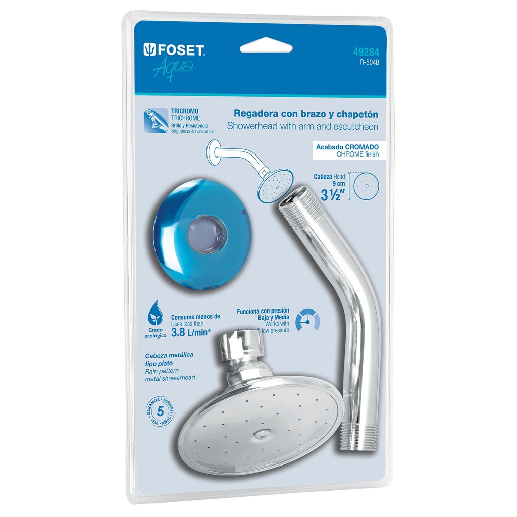 Regadera redonda 3-1/2', brazo y chapeton en blister, Aqua