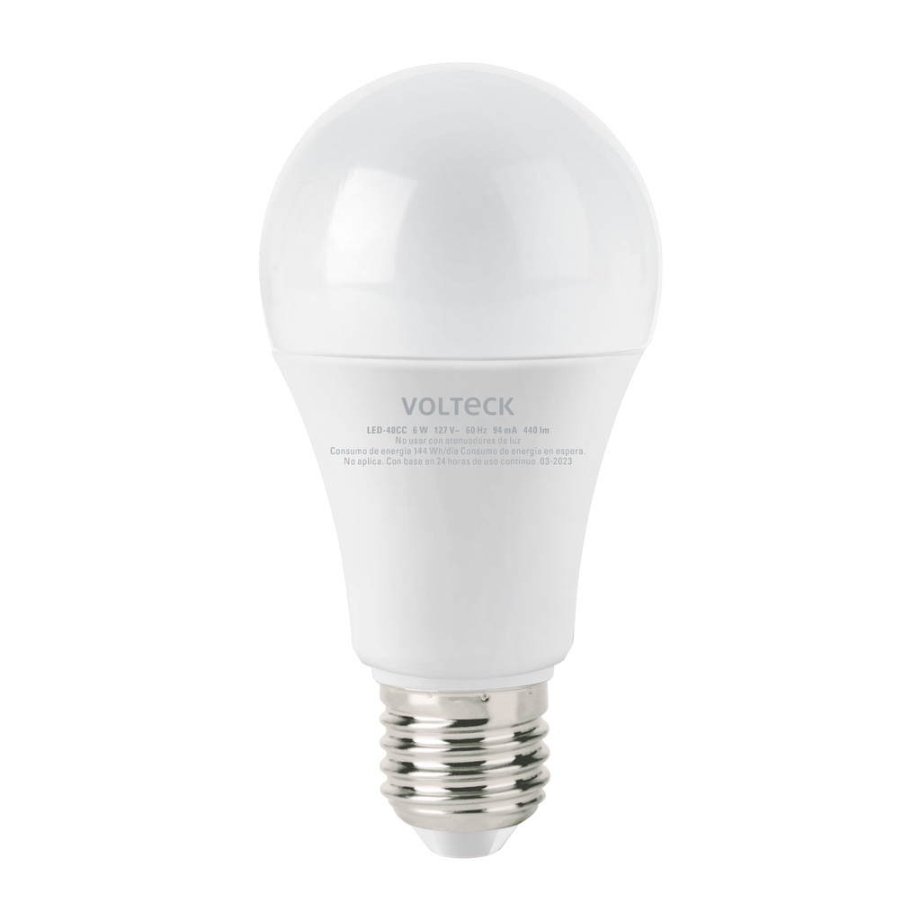 Lampara LED tipo bulbo A19 6 W luz calida, caja, Volteck
