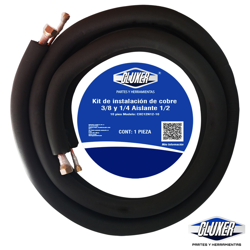 Kit Tuberia de Cobre 1/4 y 3/8 con Aislante de Espesor 3/8 Modelo: CXC12N38 Marca: CLUXER 10 pies