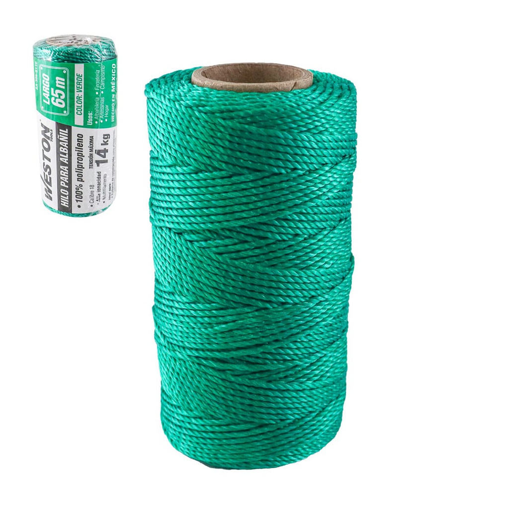 HILO PARA ALBAÑIL DE POLIPROPILENO CAL. 18 VERDE CHICO 65M