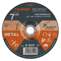 [12567] Disco Tipo 27 de 7' x 6.4 mm para desbaste de metal, Truper